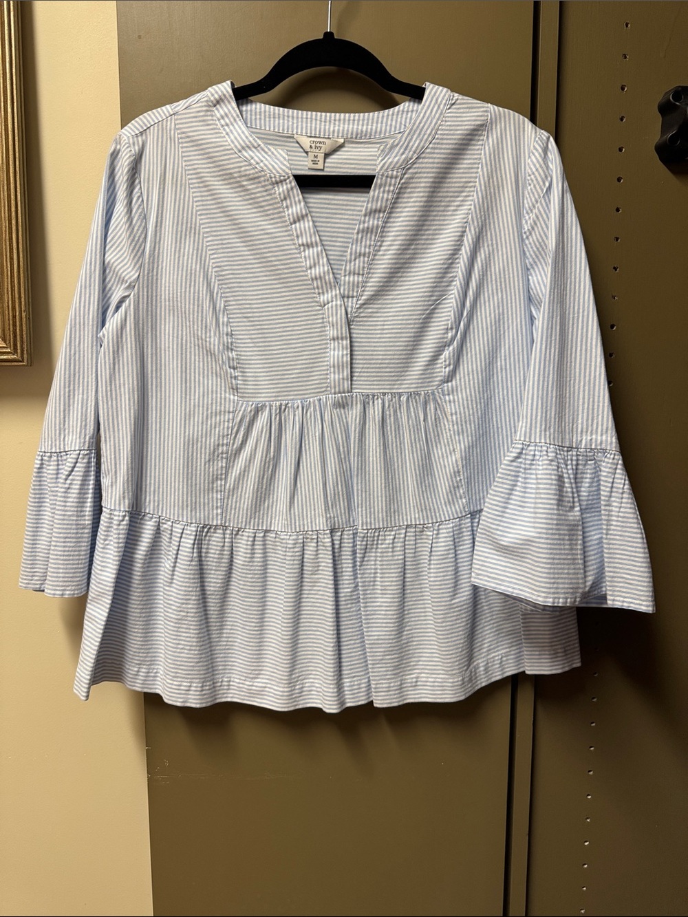 crown & ivy Blue and White Striped Ruffle-Peasant Blouse